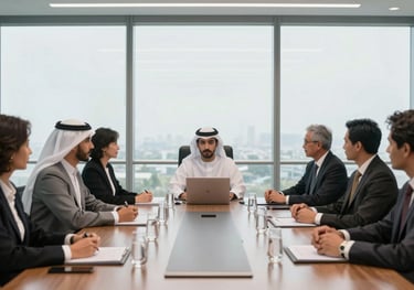 A high-level boardroom meeting in a Global / Western & GCC Business setting, featuring a diverse group of executives in front of large glass windows.