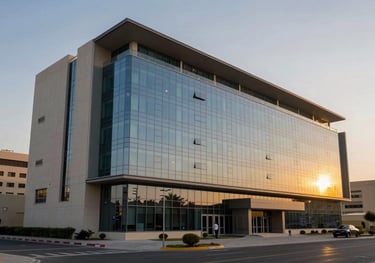 A sleek, professional exterior of a modern healthcare facility in a Global / Western & GCC Business desert city environment at dusk, with golden lighting.