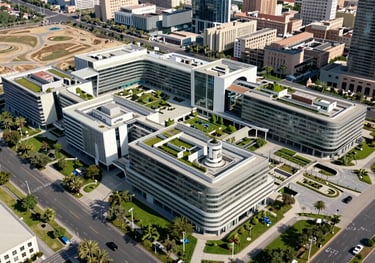 An aerial view of a sprawling, modern medical complex in a Global / Western & GCC Business landscape, featuring lush gardens and contemporary architecture.