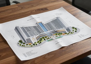 A detailed shot of a digital blueprint for a large-scale hospital project, placed on a high-end wooden table in a Global / Western & GCC Business office.