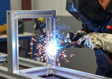 A high-detail shot of a TIG welding process on a complex aluminum structural frame in a professional North American workshop, featuring brilliant blue sparks and a skilled technician in safety gear.