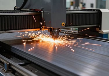 An industrial fiber laser cutting machine slicing through a thick steel sheet with high precision, bright orange sparks illuminating a dark grey professional workshop.