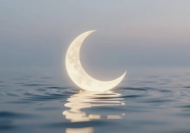 An abstract, peaceful representation of emotional balance, featuring a glowing moon crescent and soft, rippling water. Minimalist and premium style.