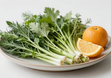 A bright, clean image of seasonal organic herbs and fruits on a ceramic plate. Modern Vedic aesthetic, focusing on purity and natural harmony.