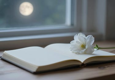 A peaceful workspace with no technology, only a journal and a single white flower, bathed in soft moonlight from a nearby window. Focus on silence.