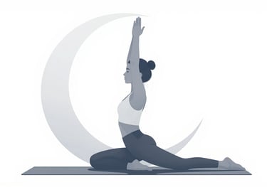 A minimalist, high-end illustration of a moon salutation yoga pose. Clean lines, soft lighting using #5D7E8C and #AABEC6 against a bright #F0F5F7 background.