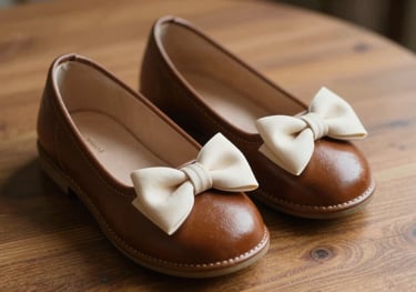 A pair of small leather shoes and a soft cream bow placed on a wooden table, soft natural light.