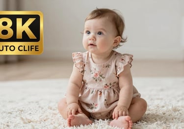 A baby girl sitting on a soft white rug wearing a floral dress in pale dusty rose, natural lighting, serene atmosphere.
