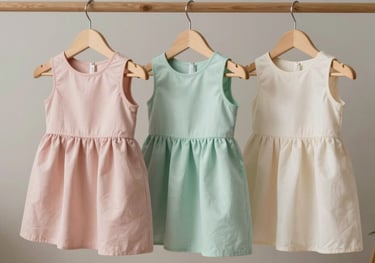 Three different girl dresses hanging on a rack, colors ranging from pale dusty rose to gentle mint green and soft cream, minimalist nursery setting.
