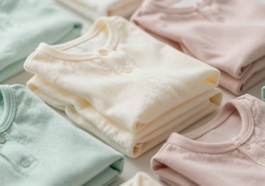 A pile of folded premium baby clothes in soft pastel shades of cream, mint green, and pale dusty rose.