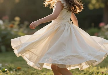 A little girl spinning around in a full-skirted soft cream dress, blurred garden background, golden hour lighting.