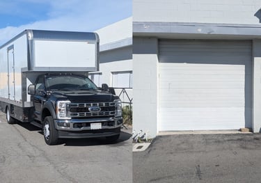 Large roll up door for easy loading at Torrance podcast studio