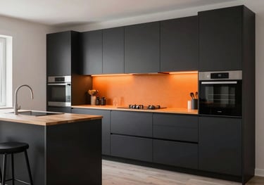 Interior shot of a newly finished high-end kitchen in a Northern European / Finnish home, featuring minimalist black cabinets and vivid orange decor accents. Bright and airy.
