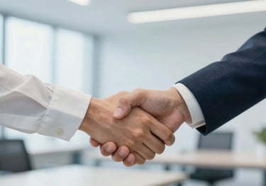 Close-up of two professionals shaking hands in a bright, modern office, symbolizing partnership and trust, with a clean aesthetic and subtle #A7C2BF color tones.
