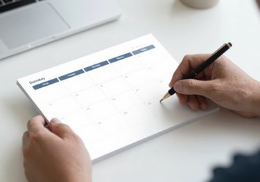 A person organizing their schedule on a minimalist desk, symbolizing the consolidation of habits and time management. Clean, high-contrast lighting with #1A2E2F and #A7C2BF accents.