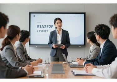 A group of professionals in a high-end meeting room focusing on a presentation. The atmosphere is professional and sophisticated. Palette centers on #1A2E2F and #F5F8F7.