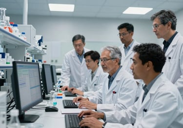 A diverse group of North American / US scientists and medical professionals collaborating in a modern, well-lit biotechnology laboratory. They are gathered around advanced research equipment, analyzing data on multiple digital displays, with a focus on their engaged expressions and the intricate details of the technology. The composition is professional and forward-thinking, capturing a moment of scientific discovery. Bright, cool lighting emphasizes a clean and sophisticated atmosphere. The style is realistic and high-definition, conveying scientific expertise and innovation.