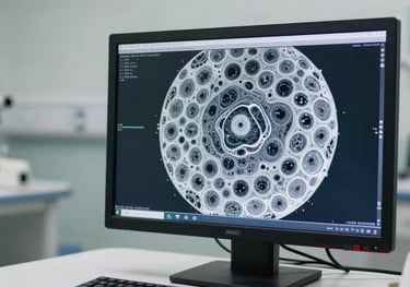 A clean, bright photograph of a high-resolution medical monitor displaying detailed cellular analysis, set in a modern North American hospital workstation.
