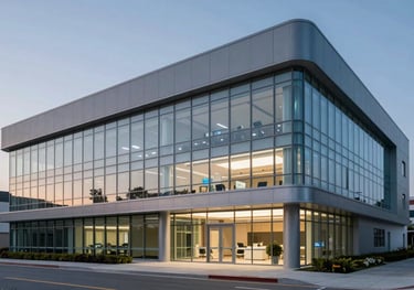 A professional architectural shot of a state-of-the-art medical diagnostics center in the US, featuring clean glass lines and a muted blue-gray and steel blue exterior at twilight.