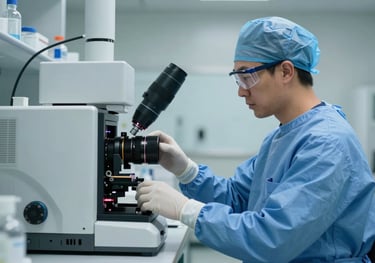 A professional shot of a laboratory technician in blue scrubs and safety glasses working with high-tech imaging equipment in a sleek US-based research center.