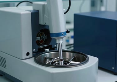 A high-resolution photograph of a sterile laboratory setting with a focus on an advanced medical centrifuge and micro-pipetting equipment in steel blue and dark navy tones.