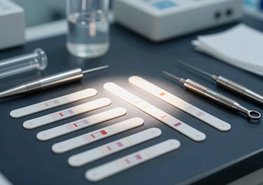 An image of high-precision diagnostic testing strips and sterile biotech tools arranged neatly on a dark navy surface under bright, clean surgical lighting.