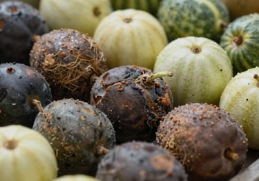 Macro photography of bruised, inconsistent produce next to premium produce, showing the risk of poor quality control in global sourcing.