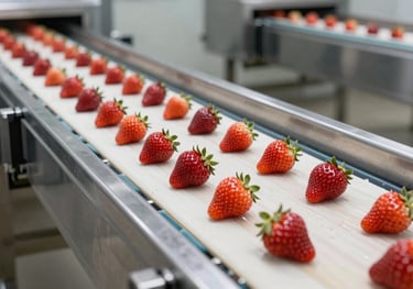 Clean, industrial frozen food facility in Egypt, showing IQF strawberries on a stainless steel conveyor belt, sterile and modern environment.