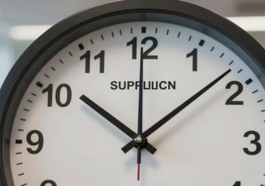 A close-up of an analog clock face in a modern office, emphasizing the urgency and time wasted with slow communication from suppliers.