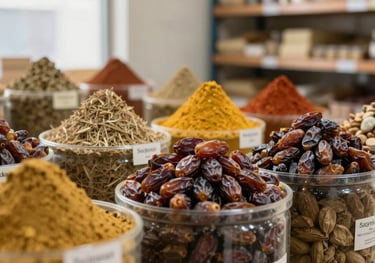 Sacks of Egyptian spices and dates in a clean, organized warehouse setting, soft natural light, professional composition.