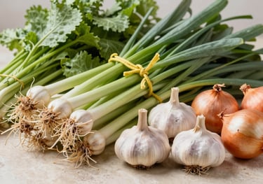 High-quality Egyptian fresh vegetables, including garlic and onions, professionally arranged on a light stone surface, bright natural lighting.