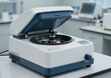 Professional benchtop laboratory centrifuge with a closed lid, finished in white and dark blue, sitting on a clean clinical worktop in an international research center.