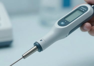 Close-up of a high-tech electronic pipette being used with precision, showcasing its ergonomic design and digital interface in a light blue clinical setting.