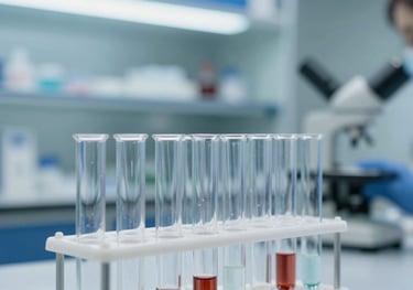 Rows of sterile laboratory test tubes held in a professional rack, with soft focus on a background of medium blue lab equipment in a modern North American facility.