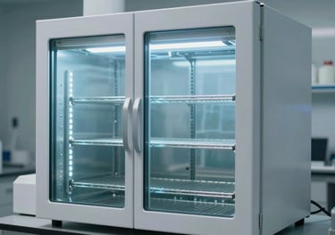 A sophisticated digital lab incubator with a clean glass door and internal shelving, illuminated by cool light blue LEDs in a sterile North American laboratory environment.