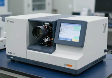 A high-precision spectrophotometer with a digital readout screen, placed on a dark blue anti-static lab mat in a professional North American science lab.