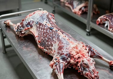 Photography of a whole lamb carcass in a state-of-the-art cold storage facility, following Middle Eastern Halal standards, clean and hygienic atmosphere.