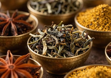 Detailed shot of loose tea leaves and aromatic Middle Eastern spices in golden bowls, rich colors and textures with a professional aesthetic.