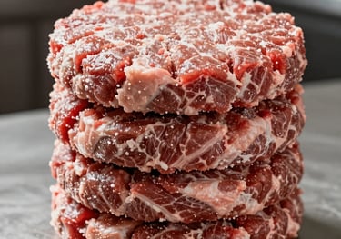 Stack of high-quality frozen beef burger patties on a professional kitchen background, highlighting the uniform shape and premium meat texture.