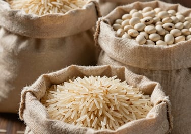 Still life photography of raw Basmati rice and white beans in elegant sacks, lit with warm side lighting, showcasing premium food textures.