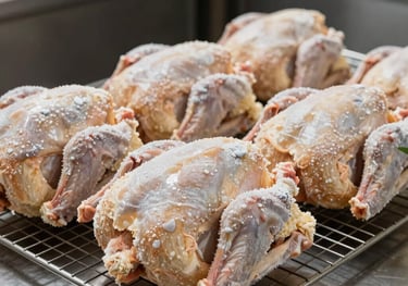 Professional photography of premium frozen whole chickens, clean packaging, arranged on a metallic cooling rack in a Middle Eastern commercial kitchen setting.