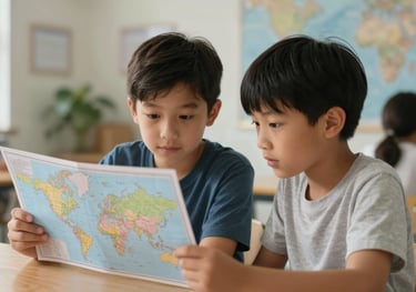 Two children looking at a world map together in a brightly lit learning space. North American / US (Georgia) educational setting, encouraging a sense of discovery.