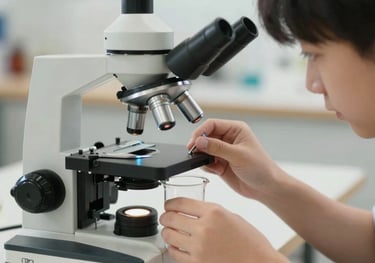 A close-up of hands working on a science experiment with a microscope and beaker in a well-lit home environment in Georgia, US. Focus on curiosity and academic growth.