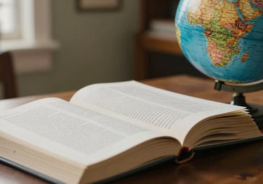 Close-up of educational textbooks and a globe on a desk, capturing a sense of academic excellence and exploration. Soft natural lighting, North American / US (Georgia) domestic setting.