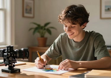 A student smiling while engaged in a creative art project at a wooden desk. Warm, supportive atmosphere in a sunlit home in Georgia, US.