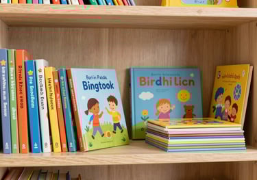 A variety of colorful children's books and educational toys arranged neatly on a light wood shelf. Clean, modern, and inspiring photography in Georgia, US.
