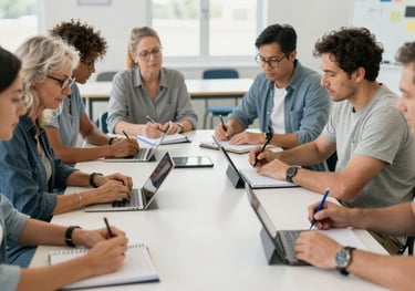 A group of adults engaged in a collaborative workshop, seated around a table with notebooks and tablets in a bright community center in Georgia, US. Professional photography style with natural light.