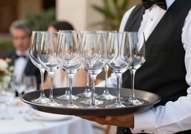 A tray of white wine glasses being carried by a server in a white shirt and black vest at a luxury event in Latin America, vibrant atmosphere.