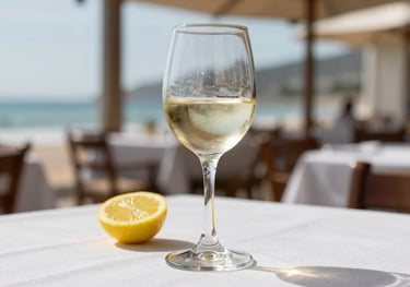 A glass of crisp white wine on a white tablecloth, a slice of lemon nearby, bright midday light in a Latin American seaside bistro.