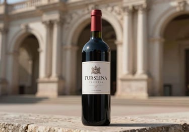 A bottle of premium red wine standing on a stone surface, natural sunlight creating soft shadows, sophisticated Latin American architecture in the background.